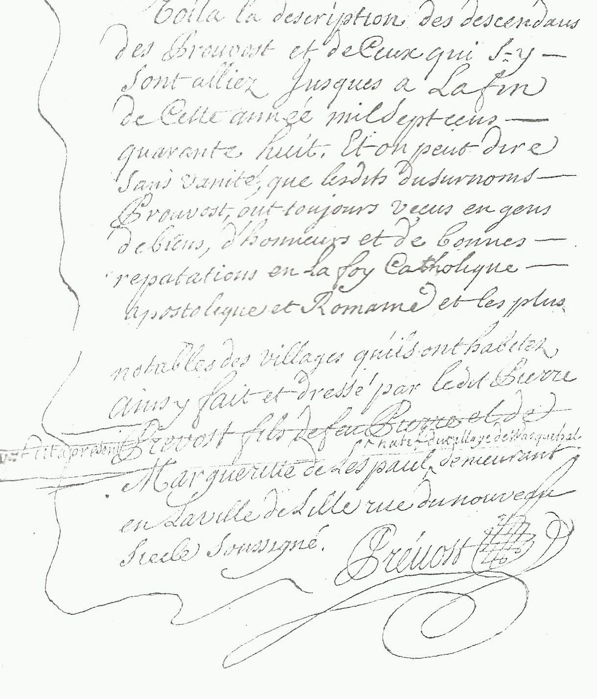 Réputation de la famille Prouvost par Pierre Prouvost en 1748
